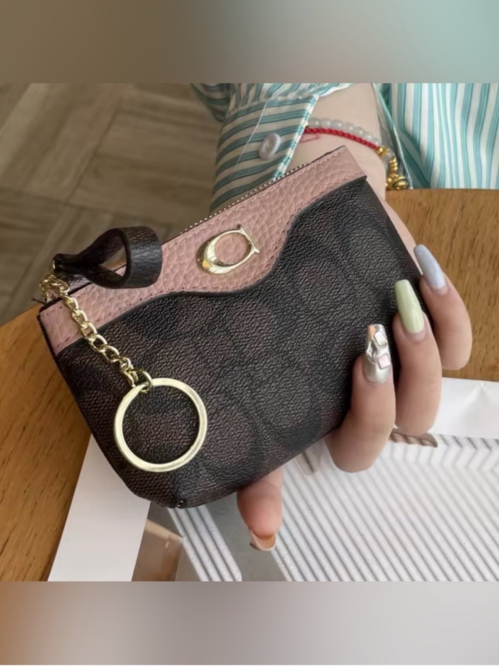 Macy's Dark Brown Monogram Coin Pouch with Pink Trim